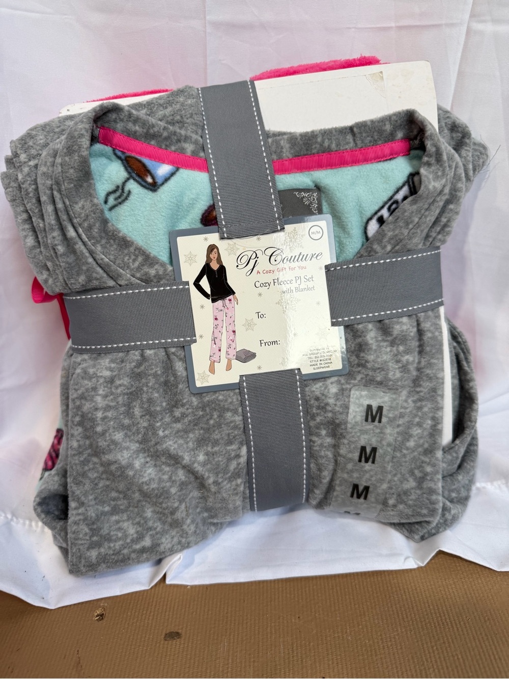 Pj Couture Gray Fleece PJ Set with Pink Trim and Aqua Lining